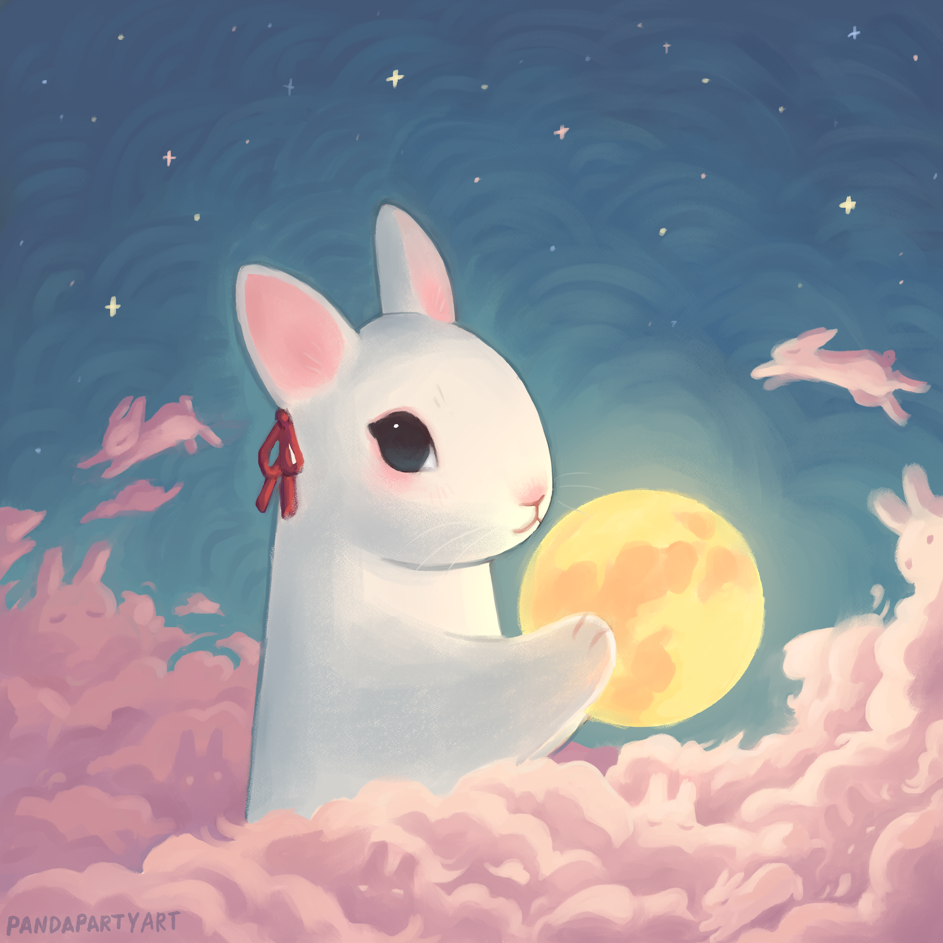 Digital illustration of a huge bunny in a twinkling night sky, holding a glowing moon in between its paws.