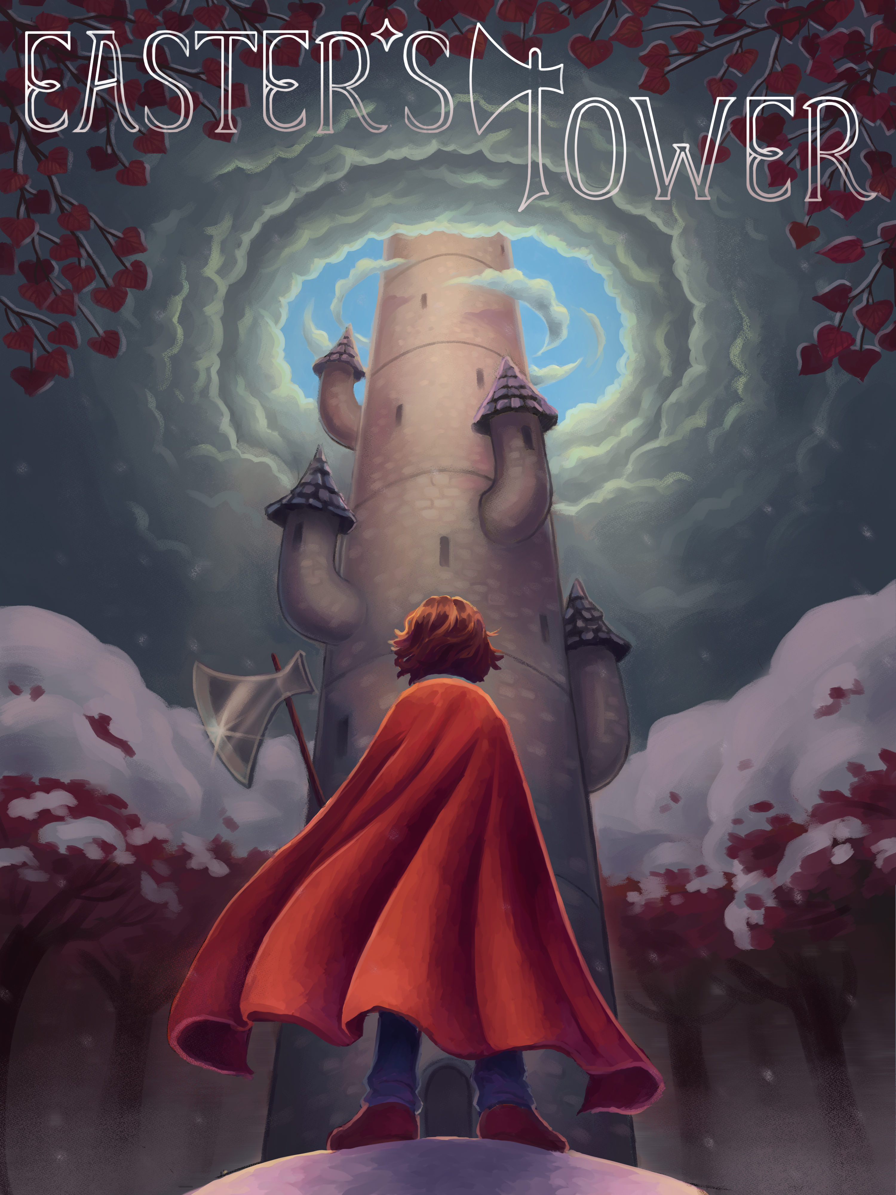 A digital illustration of a character standing before a foreboding tower.