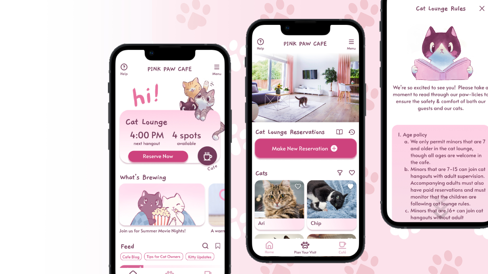 An image featuring several mockups of a mobile app, such as the home screen, reservations screen, and rules screen.