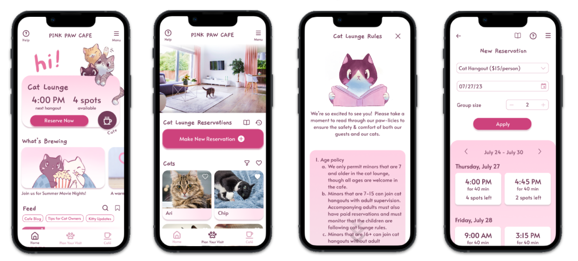 
					Several high fidelity mockups including a home screen, reservation screen, and cat lounge rules.