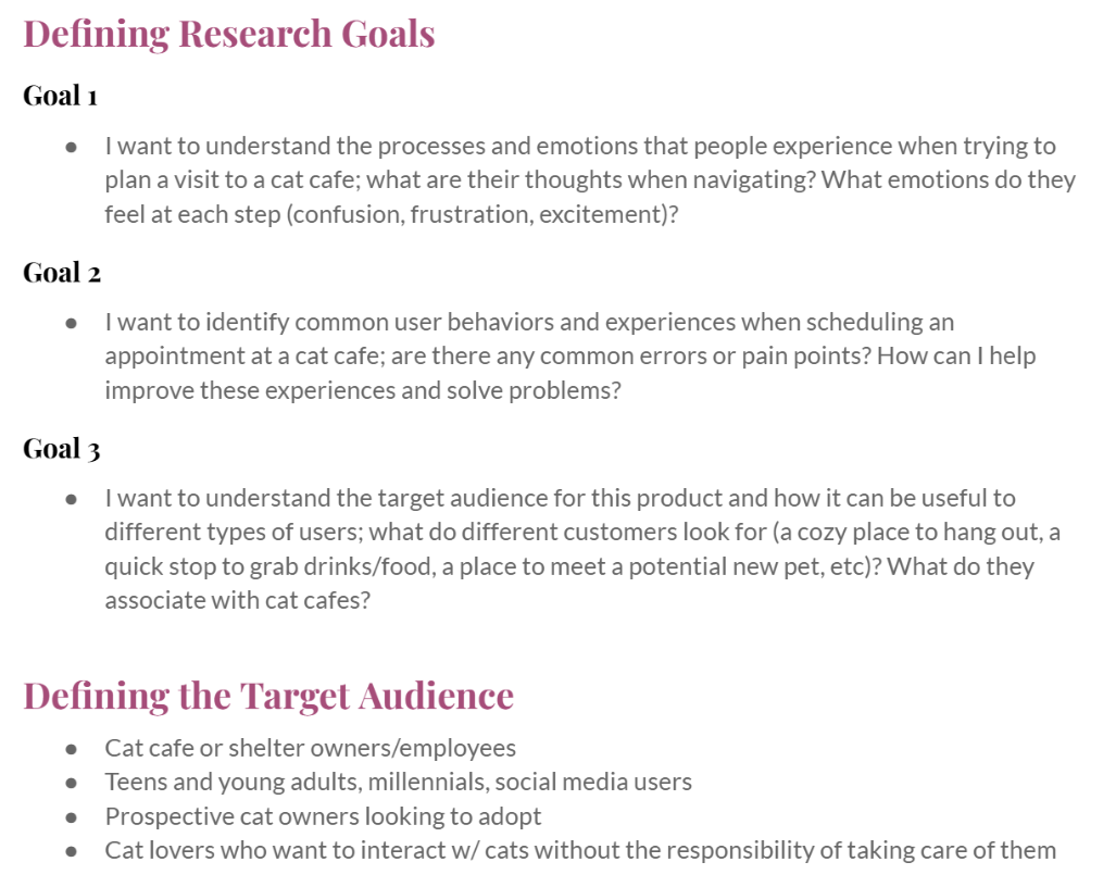 
				Screenshot of research questions and target audience